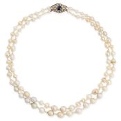 A NATURAL SALTWATER PEARL, SAPPHIRE AND DIAMOND NECKLACE comprising two rows of pearls ranging fr...