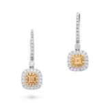 A PAIR OF YELLOW DIAMOND DROP EARRINGS each designed as a hoop set with a row of round brilliant ...