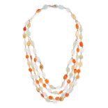 NO RESERVE - A FOUR ROW MULTI GEM NECKLACE comprising four rows of polished carnelian, citrine, a...