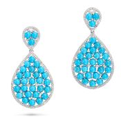 A PAIR OF TURQUOISE AND DIAMOND DROP EARRINGS each set with round cabochon turquoise and round br...