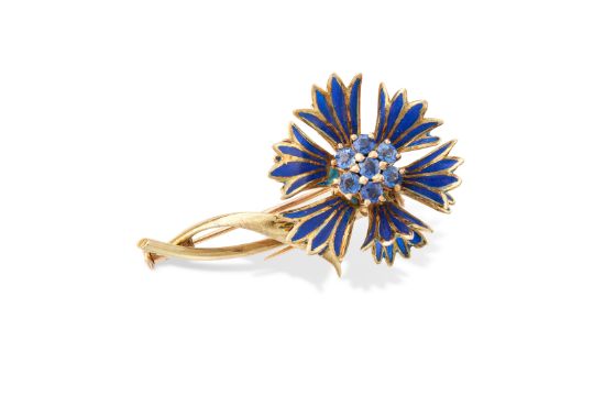 MELLERIO, A SAPPHIRE AND PLIQUE A JOUR ENAMEL FLOWER BROOCH in 18ct yellow gold, designed as a fl... - Image 1 of 2