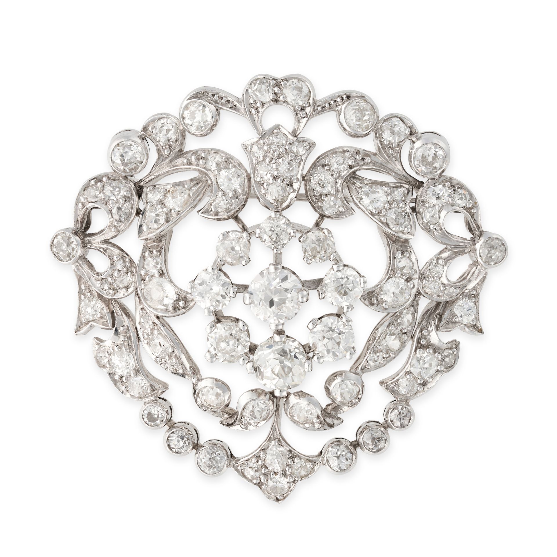 A DIAMOND BROOCH the openwork foliate style brooch accented by row motifs, set throughout with ol...