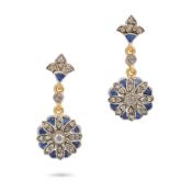 NO RESERVE - A PAIR OF SAPPHIRE AND DIAMOND DROP EARRINGS each set with a calibre cut sapphire an...