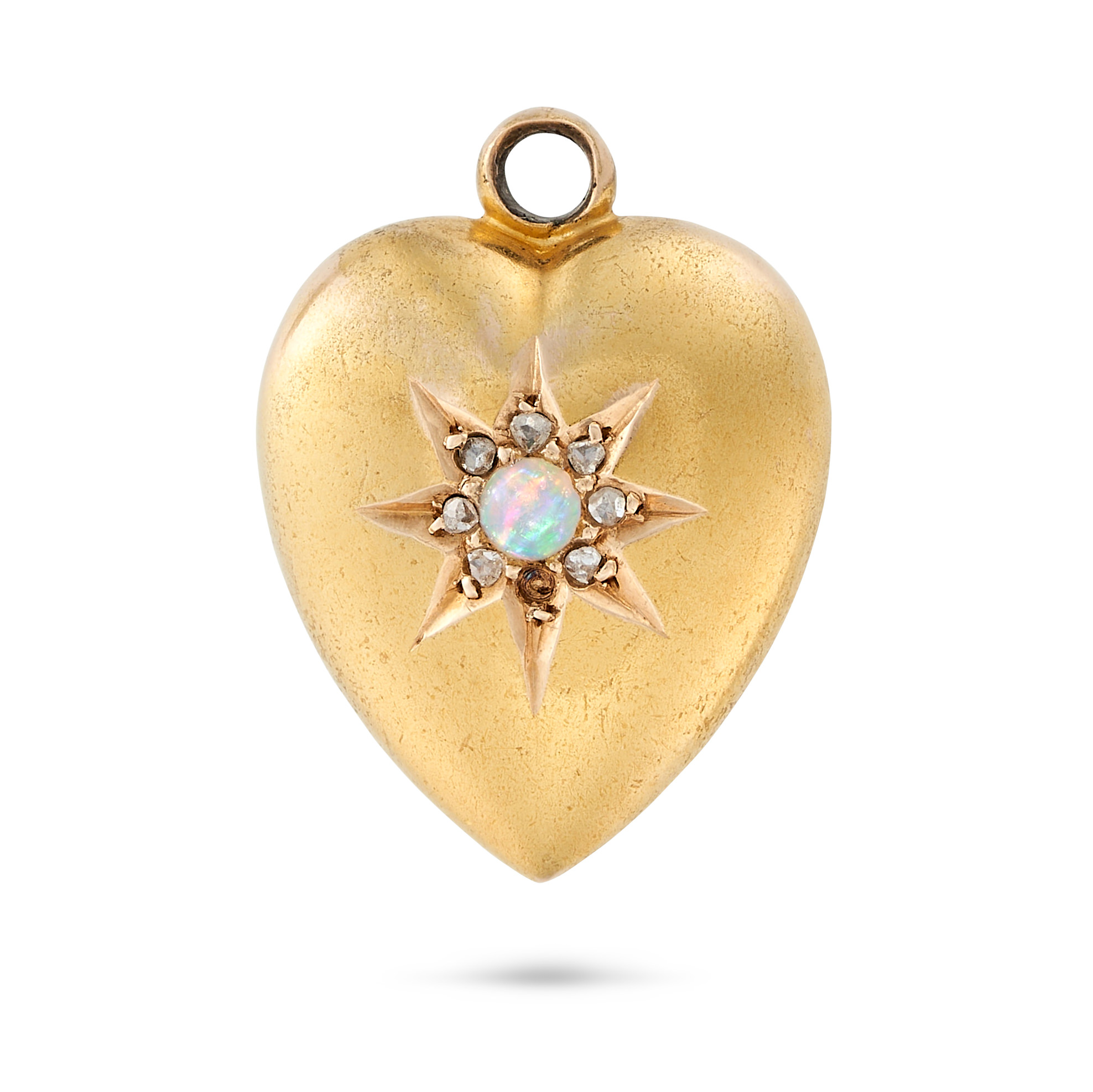 NO RESERVE - AN ANTIQUE OPAL AND DIAMOND HEART CHARM / PENDANT in 15ct yellow gold, the pendant d...