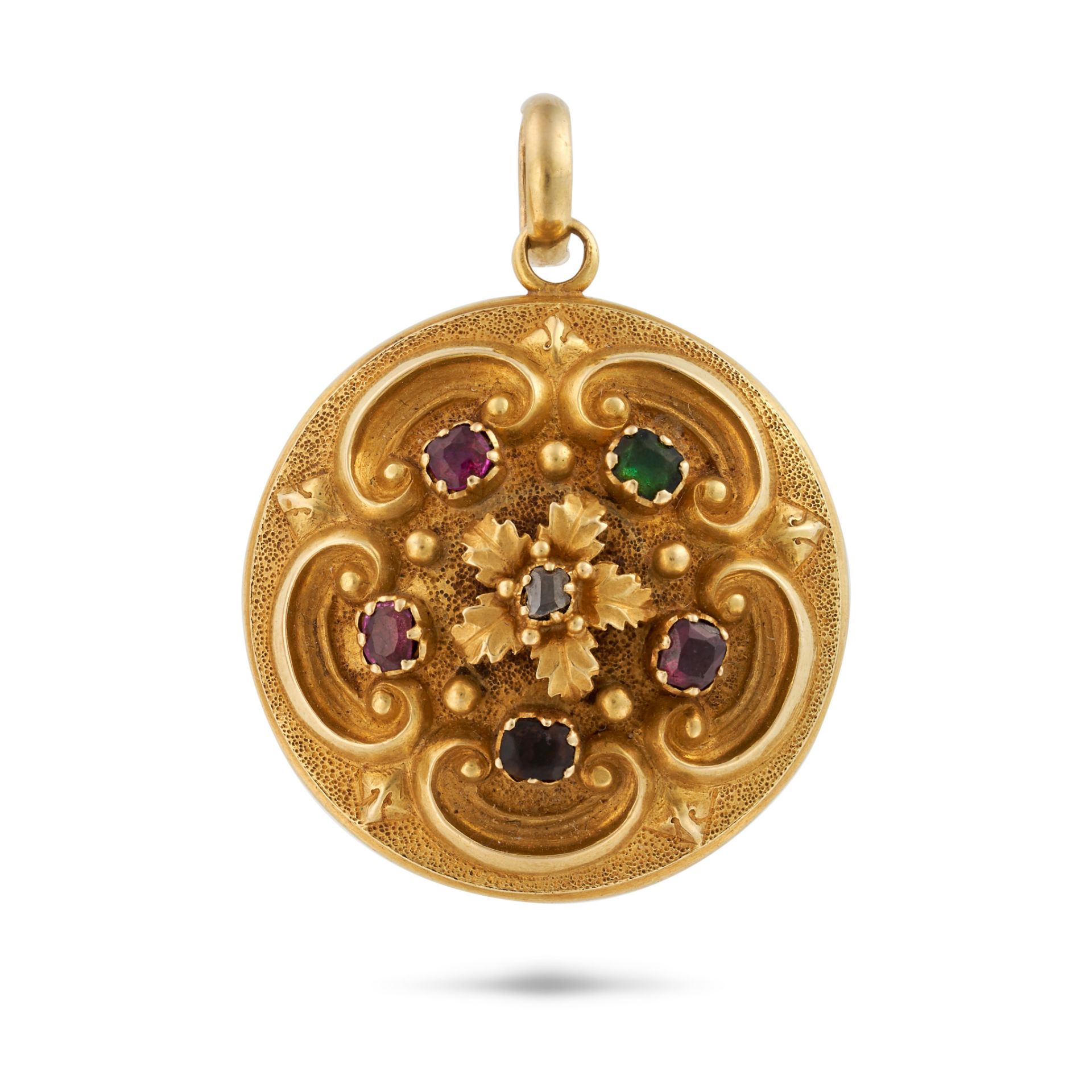 AN ANTIQUE MULTI GEM ACROSTIC LOCKET PENDANT in yellow gold, the circular pendant set with two cu...