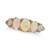 AN ANTIQUE OPAL FIVE STONE RING in 18ct yellow gold, set with five oval cabochon opals, accented ...