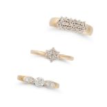 A COLLECTION OF DIAMOND RINGS comprising a diamond cluster ring inscribed 0.505, stamped 375, siz...