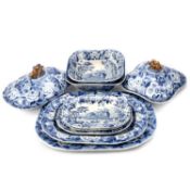 AN BLUE TRANSFER-PRINTED PEARLWARE 'RUSSIAN PALACE' PATTERN PARTIAL DINNER SERVICE EARLY 19TH CENTUR