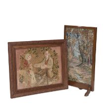 A VICTORIAN WOOLWORK PICTURE, WITH AN EARLY 20TH CENTURY NEEDLEWORK FIRESCREEN