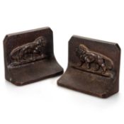 A PAIR OF EARLY 20TH CENTURY BRONZE PATINATED CAST IRON BOOKENDS, BY BRADLEY & HUBBARD