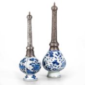 TWO CHINESE SILVER-MOUNTED BLUE AND WHITE ROSE WATER SPRINKLERS, KANGXI