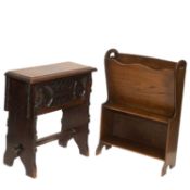 A CARVED OAK BOX STOOL AND AN EARLY 20TH CENTURY OAK MAGAZINE RACK BOOKCASE
