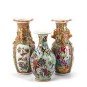 A PAIR OF CANTONESE FAMILLE ROSE VASES, 19TH CENTURY