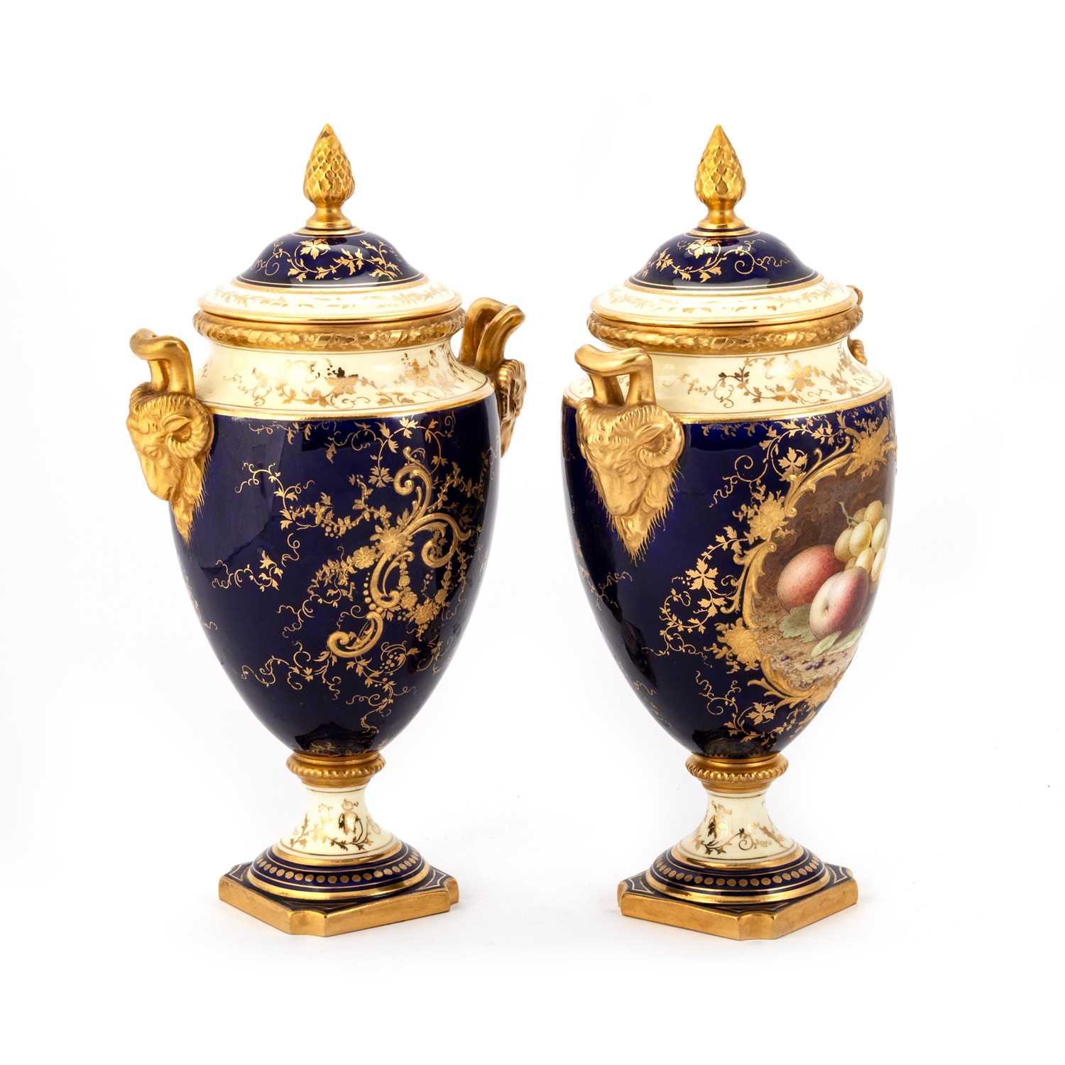 A PAIR OF COALPORT FRUIT-PAINTED VASES AND COVERS BY FREDERICK HERBERT CHIVERS - Image 2 of 3