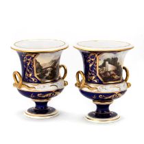 A PAIR OF BLOOR DERBY BLUE-GROUND AND GILT TWO-HANDLED CAMPANA URNS, , CIRCA 1820