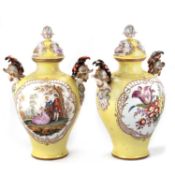 A LARGE PAIR OF DRESDEN VASES AND COVERS LATE 19TH CENTURY
