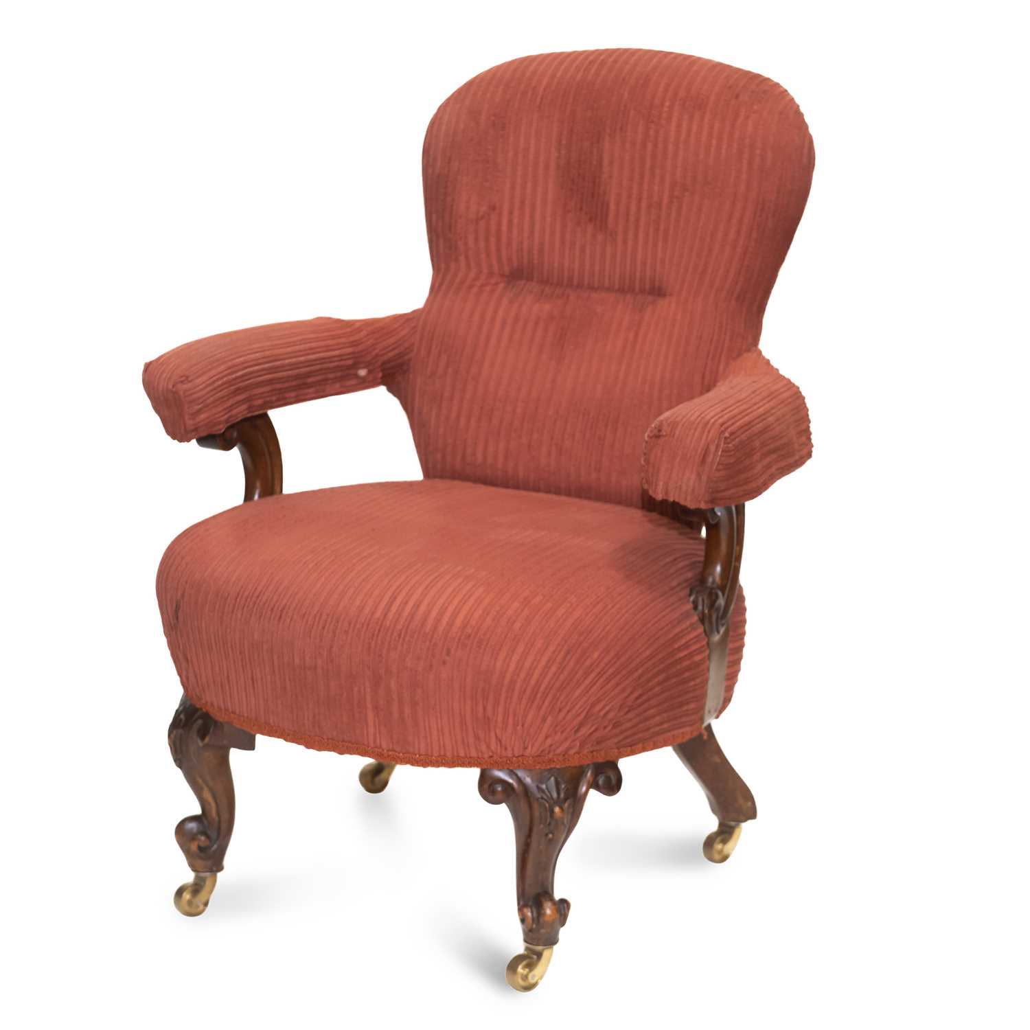 A VICTORIAN WALNUT AND UPHOLSTERED ARMCHAIR, AND TWO VICTORIAN SIDE CHAIRS