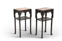 A PAIR OF 19TH CENTURY CHINESE MARBLE-INSET HARDWOOD VASE STANDS