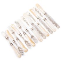 A SET OF SIX CHINESE SILVER AND MOTHER-OF-PEARL DESSERT KNIVES AND FORKS