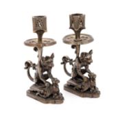 A PAIR OF BRONZE GOTHIC STYLE CANDLESTICKS, LATE 19TH CENTURY
