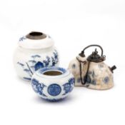 TWO CHINESE BLUE AND WHITE WATER PIPES AND A BLUE AND WHITE BRUSH WASHER