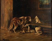 W. JUDD (20TH CENTURY) HOUNDS AND A TERRIER IN A BARN