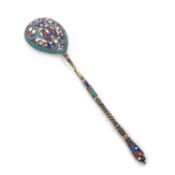 A RUSSIAN SILVER-GILT AND ENAMEL SPOON