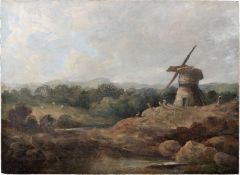 CIRCLE OF JOHN CONSTABLE (1776-1837) COUNTRY LANDSCAPE WITH WINDMILL AND FIGURES