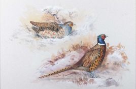 IAN BOWLES (CONTEMPORARY) PHEASANT AND PARTRIDGE IN A WINTER LANDSCAPE