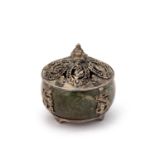 A VIETNAMESE SILVERED METAL AND HARDSTONE KORO