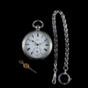A SILVER OPEN FACED KEY WOUND POCKET WATCH AND ALBERT CHAIN