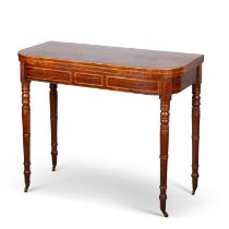 AN EARLY 19TH CENTURY STRING-INLAID AND CROSSBANDED MAHOGANY FOLDOVER CARD TABLE