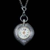 A CONTINENTAL SILVER HEART-SHAPED FOB WATCH AND CHAIN