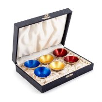 A SET OF SIX DANISH STERLING SILVER AND ENAMEL SALTS