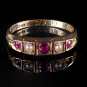 A LATE 19TH CENTURY RUBY AND SPLIT PEARL FIVE STONE RING