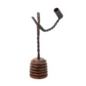 A WROUGHT-IRON TABLE RUSH-NIP WITH CANDLE HOLDER, POSSIBLY SCOTTISH