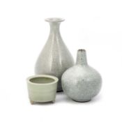 A CHINESE GE-TYPE VASE, YUHUCHUNPING; A SMALL CHINESE CELADON CENSER AND A CHINESE CELADON VASE