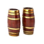 A PAIR OF VICTORIAN BRASS-BOUND COOPERED TEAK MINIATURE BARRELS