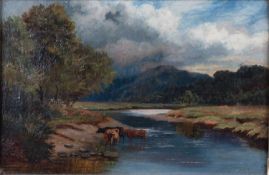 19TH CENTURY ENGLISH SCHOOL CATTLE ON A RIVERBANK