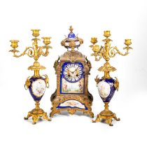 A LATE 19TH CENTURY GILT-METAL MOUNTED AND 'SÈVRES' PORCELAIN CLOCK GARNITURE