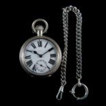 AN OPEN FACED 8-DAY POCKET WATCH AND ALBERT CHAIN