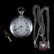 A WHITE METAL ELGIN OPEN FACED POCKET WATCH AND ALBERT CHAIN