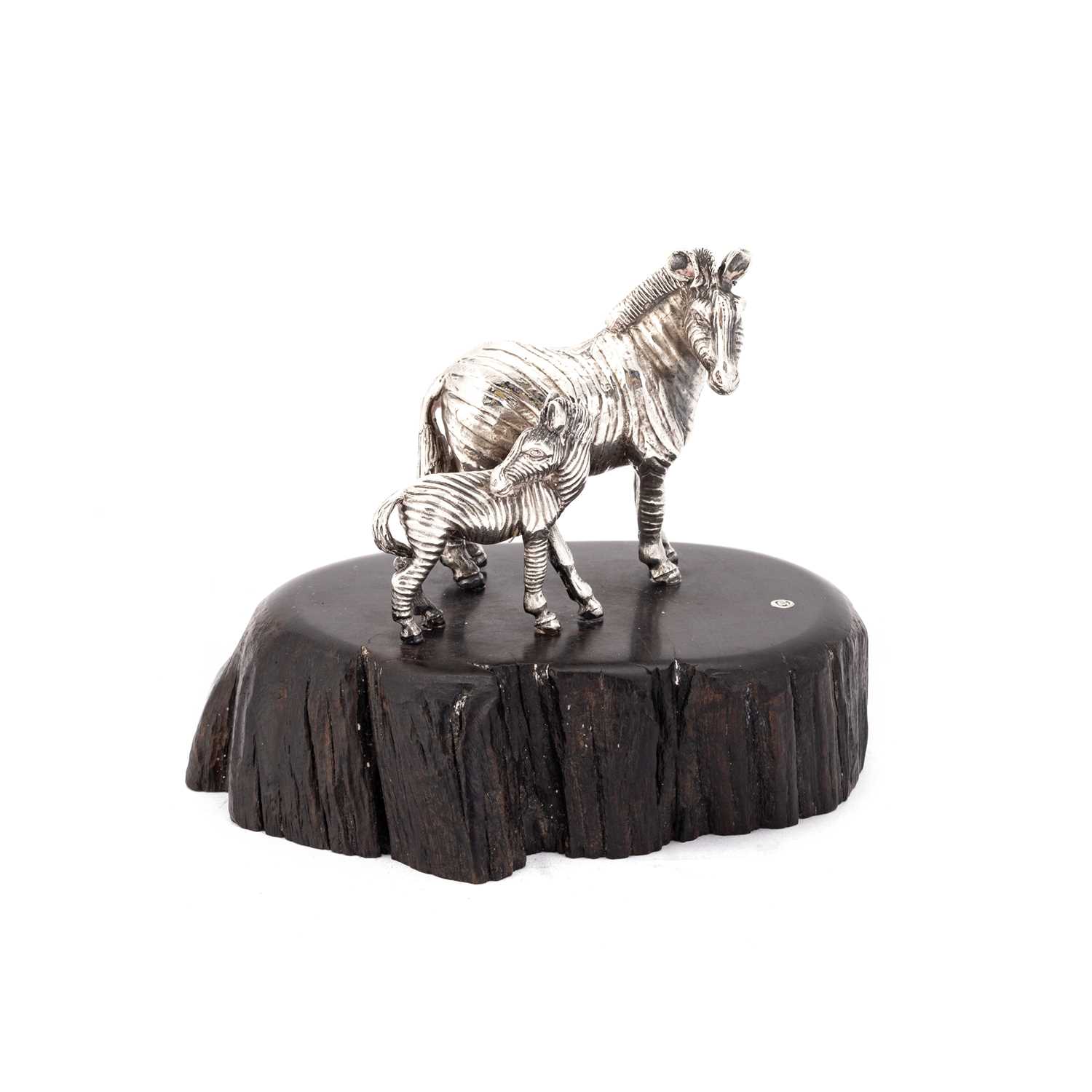 PATRICK MAVROS: A SILVER ZEBRA AND FOAL ON A BLACKWOOD BASE