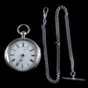 A SILVER OPEN FACED KEY WOUND CHRONOGRAPH POCKET WATCH AND ALBERT CHAIN