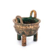 A SMALL CHINESE SILVER-INLAID BRONZE TRIPOD CENSER