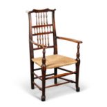 AN EARLY 19TH CENTURY LANCASHIRE ASH AND ELM SPINDLE-BACK ARMCHAIR