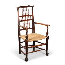 AN EARLY 19TH CENTURY LANCASHIRE ASH AND ELM SPINDLE-BACK ARMCHAIR