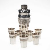 A CHINESE SILVER COCKTAIL SHAKER AND EIGHT CUPS