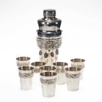 A CHINESE SILVER COCKTAIL SHAKER AND EIGHT CUPS