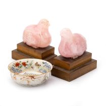 A PAIR OF CHINESE ROSE QUARTZ CARVINGS OF QUAIL